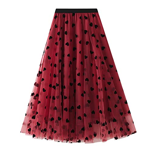 Odizli Tüllrock Damen Lang Faltenrock 50er Jahre Rockabilly Elegant Vintage Elastisch High Waist 3D Herz Druck A Linie Swing Midi Petticoat Röcke Tellerrock Frauen Festlich Tutu Plisseerock Rot M von Odizli