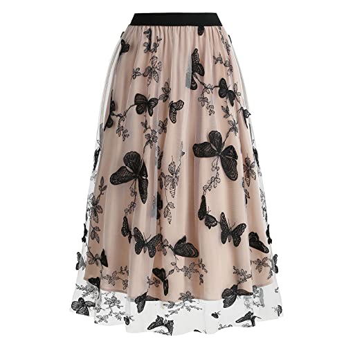 Odizli Tüllrock Damen Lang Faltenrock 50er Jahre Rockabilly Elegant Vintage Elastisch High Waist A Linie Swing Midirock Petticoat Röcke Frauen Festlich Tutu Plisseerock Aprikose Stickerei L von Odizli