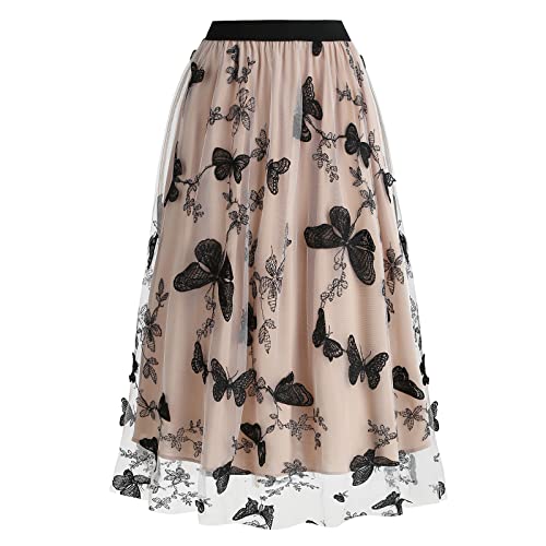 Odizli T�llrock Damen Lang Faltenrock 50er Jahre Rockabilly Elegant Vintage Schmetterling Stickerei Elastisch High Waist A Linie Swing Midirock Petticoat R�cke Tellerrock Plisseerock Aprikose M von Odizli