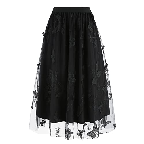 Odizli Tüllrock Damen Lang Faltenrock 50er Jahre Rockabilly Elegant Vintage Elastisch High Waist A Linie Swing Midirock Petticoat Röcke Tellerrock Frauen Festlich Plisseerock Schwarz Stickerei XL von Odizli