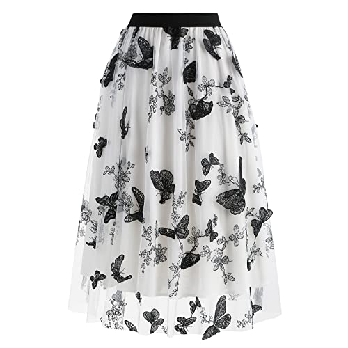 Odizli Tüllrock Damen Lang Faltenrock 50er Jahre Rockabilly Elegant Vintage Elastisch High Waist A Linie Swing Midirock Petticoat Röcke Tellerrock Frauen Festlich Tutu Plisseerock Weiß Stickerei XL von Odizli