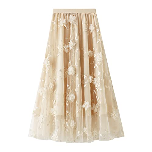 Tüllrock Damen Lang Rock Elegant Vintage Blume Stickerei Elastisch High Waist A Linie Swing Midi Sommer Faltenrock Plisseerock Winterrock Maxirock Frauen Festlich Fee Tutu Röcke Aprikose Blume L von Odizli