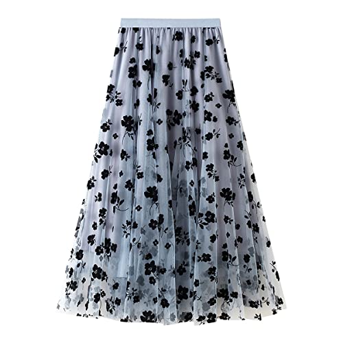 Tüllrock Damen Lang Rock Elegant Vintage Blume Stickerei Elastisch High Waist A Linie Swing Midi Sommer Faltenrock Plisseerock Winterrock Maxirock Frauen Festlich Fee Tutu Röcke Blau L von Odizli