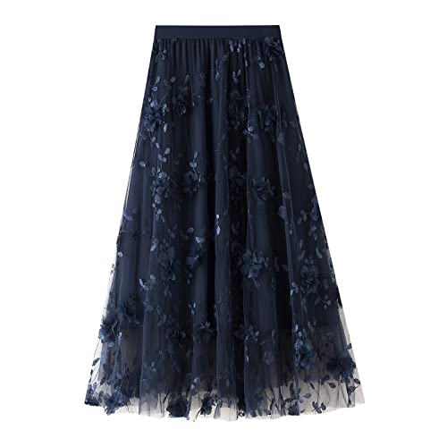 Tüllrock Damen Lang Rock Elegant Vintage Blume Stickerei Elastisch High Waist A Linie Swing Sommer Faltenrock Plisseerock Winterrock Midirock Frauen Festlich Fee Tutu Röcke Marineblau Blume L von Odizli