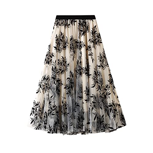 Odizli Tüllrock Damen Lang Rock Elegant Vintage Blume Stickerei Elastisch High Waist A Linie Swing Sommer Faltenrock Plisseerock Winterrock Midirock Frauen Festlich Fee Tutu Röcke Aprikose-Blatt L von Odizli