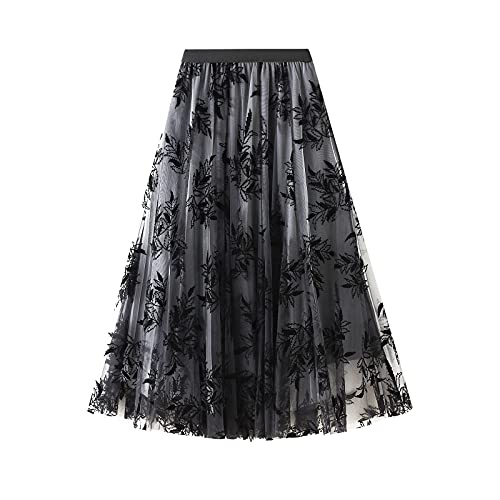 Odizli Tüllrock Damen Lang Rock Elegant Vintage Blume Stickerei Elastisch High Waist A Linie Swing Sommer Faltenrock Plisseerock Winterrock Midirock Frauen Festlich Fee Tutu Röcke Schwarz-Blatt L von Odizli