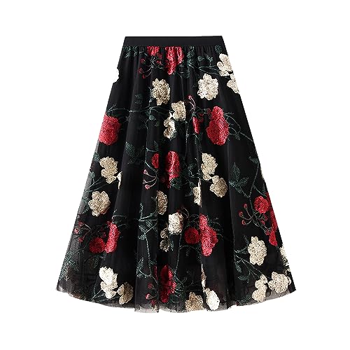 Odizli Tüllrock Damen Lang Rock Elegant Vintage Blume Stickerei Elastisch High Waist A Linie Swing Sommer Faltenrock Plisseerock Winterrock Midirock Frauen Festlich Fee Tutu Röcke Schwarz-Stickerei L von Odizli