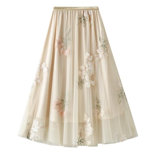 Odizli Tüllrock Damen Lang Sommer Elegant Vintage Blume Stickerei Elastisch High Waist A Linie Swing Rock Plisseerock Faltenrock Midirock Frauen Festlich Fee Tutu Röcke Aprikose-A Einheitsgröße von Odizli