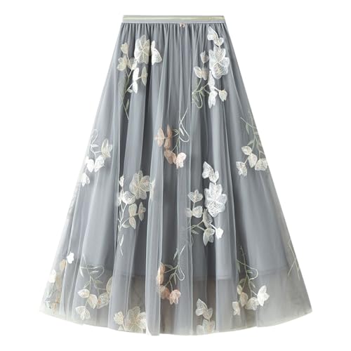 Odizli Tüllrock Damen Lang Sommer Elegant Vintage Blume Stickerei Elastisch High Waist A Linie Swing Rock Plisseerock Faltenrock Midirock Frauen Festlich Fee Tutu Röcke Grau-A Einheitsgröße von Odizli