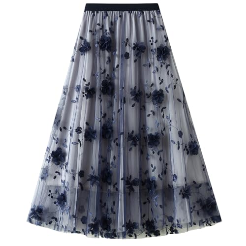 Odizli Tüllrock Damen Lang Sommer Elegant Vintage Blume Stickerei Elastisch High Waist A Linie Swing Rock Plisseerock Faltenrock Midirock Frauen Festlich Fee Tutu Röcke Marineblau-B Einheitsgröße von Odizli