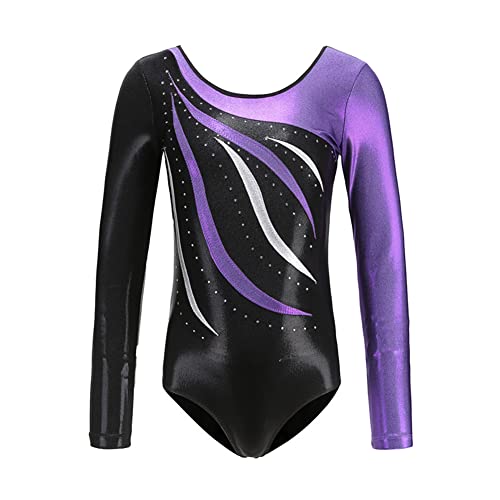 Odizli Turnanzug Mädchen Langarm Kinder U Rücken Strass Gymnastikanzug Ballett Trikot Body Leotard Tanzbody Ballettanzug Balletttrikot Eiskunstlauf Ballerina Ballettkleidung Lila 10-11 Jahre von Odizli