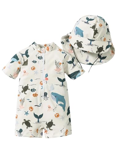 Odizli UV Kleidung Baby Jungen Langarm Marine Tier Rei�verschluss Badeanzug + Sonnenhut Schutz Anzug Einteiliger Schutzkleidung Badebekleidung Schwimmanzug Neoprenanzug Beige Delphin 6-12 Monate von Odizli