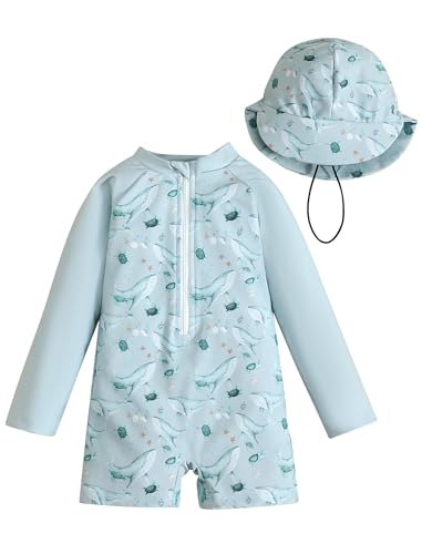 Odizli UV Kleidung Baby Jungen Langarm Marine Tier Rei�verschluss Badeanzug + Sonnenhut Schutz Anzug Einteiliger Schutzkleidung Badebekleidung Schwimmanzug Neoprenanzug Blau Wal 6-12 Monate von Odizli