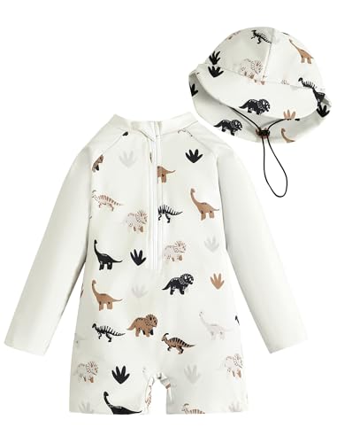 Odizli UV Kleidung Baby Jungen Langarm Marine Tier Reißverschluss Badeanzug + Sonnenhut Schutz Anzug Einteiliger Schutzkleidung Badebekleidung Schwimmanzug Neoprenanzug Beige Dinosaurier 0-3 Monate von Odizli