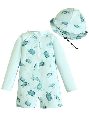 Odizli UV Kleidung Baby Jungen Langarm Marine Tier Reißverschluss Badeanzug + Sonnenhut Schutz Anzug Einteiliger Schutzkleidung Badebekleidung Schwimmanzug Neoprenanzug Grün Schildkröte 0-3 Monate von Odizli