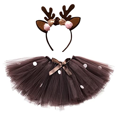 Odizli Weihnachten Kostüm Kinder Mädchen Elch Cosplay Verkleiden Prinzessin Tütü Tüllrock+Rentier Haarreifen 2-teiliges Weihnachtsoutfit (3-8 Jahre) Dunkelbraun Elch 3-8 Jahre von Odizli