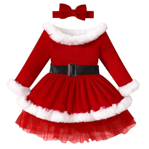 Odizli Weihnachtskleid M�dchen Kinder Baby Herbst Winter Langarm Christmas Weihnachtsmann Samtkleid+Stirnband Weihnachtsoutfit Festliches Hochzeit Weihnachten Winterkleid Rot 2-3 Jahre von Odizli