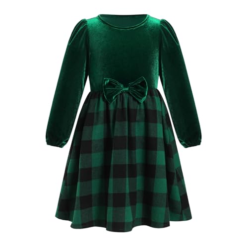 Odizli Weihnachtskleid M�dchen Kinder Herbst Winter Langarm Karierte A-Linie Samtkleid Festliches Hochzeit Weihnachten Silvester Kleid Herbstkleid Winterkleid Kinderkleidung Gr�n 6-7 Jahre von Odizli