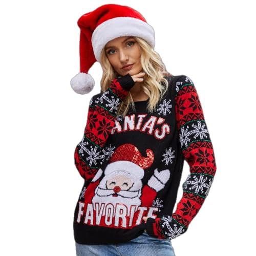 Odizli Weihnachtspullover Damen Lustig Weihnachtspulli Ugly Christmas Sweater Langarm Rundhalsausschnitt Xmas Weihnachten Nikolaus Pullover Herbst Winter Warm Strickpullover Schwarz Weihnachtsmann M von Odizli