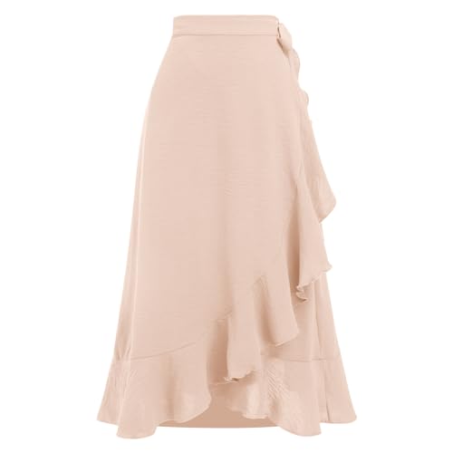 Odizli Wickelrock Damen Midi Rock Sommerrock Elegant High Waist Rüsche Vokuhila A-Linie Swing Midirock Faltenrock Sommer Lang Maxirock Festlich Hochzeit Hochzeitsgast Röcke Beige S von Odizli