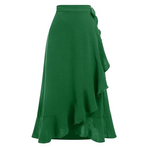 Odizli Wickelrock Damen Midi Rock Sommerrock Elegant High Waist Rüsche Vokuhila A-Linie Swing Midirock Faltenrock Sommer Lang Maxirock Festlich Hochzeit Hochzeitsgast Röcke Dunkelgrün XL von Odizli