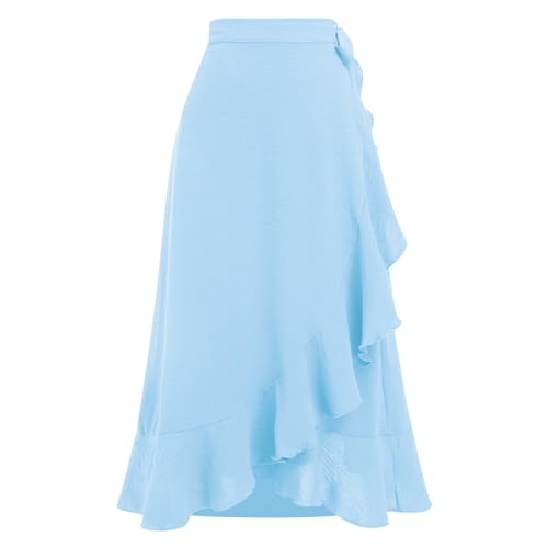 Odizli Wickelrock Damen Midi Rock Sommerrock Elegant High Waist Rüsche Vokuhila A-Linie Swing Midirock Faltenrock Sommer Lang Maxirock Festlich Hochzeit Hochzeitsgast Röcke Hellblau M von Odizli