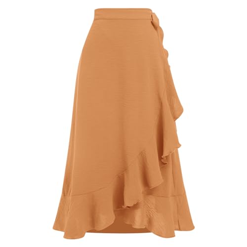 Odizli Wickelrock Damen Midi Rock Sommerrock Elegant High Waist Rüsche Vokuhila A-Linie Swing Midirock Faltenrock Sommer Lang Maxirock Festlich Hochzeit Hochzeitsgast Röcke Khaki M von Odizli