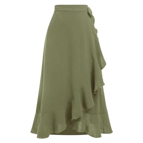 Odizli Wickelrock Damen Midi Rock Sommerrock Elegant High Waist Rüsche Vokuhila A-Linie Swing Midirock Faltenrock Sommer Lang Maxirock Festlich Hochzeit Hochzeitsgast Röcke Olivgrün S von Odizli