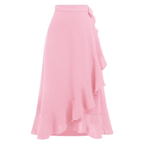 Odizli Wickelrock Damen Midi Rock Sommerrock Elegant High Waist Rüsche Vokuhila A-Linie Swing Midirock Faltenrock Sommer Lang Maxirock Festlich Hochzeit Hochzeitsgast Röcke Rosa S von Odizli