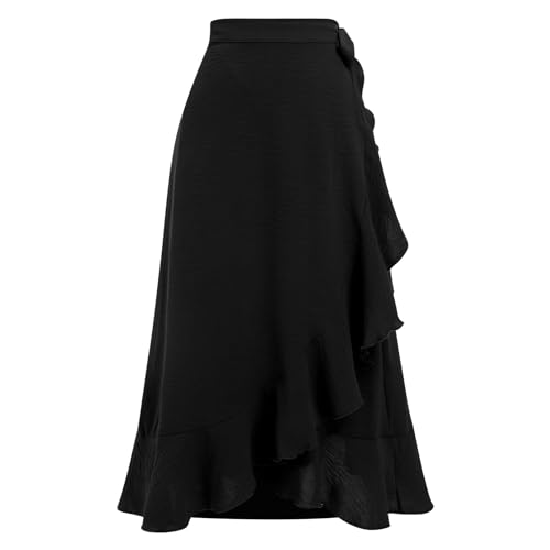 Odizli Wickelrock Damen Midi Rock Sommerrock Elegant High Waist Rüsche Vokuhila A-Linie Swing Midirock Faltenrock Sommer Lang Maxirock Festlich Hochzeit Hochzeitsgast Röcke Schwarz XL von Odizli