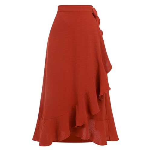 Odizli Wickelrock Damen Midi Rock Sommerrock Elegant High Waist Rüsche Vokuhila A-Linie Swing Midirock Faltenrock Sommer Lang Maxirock Festlich Hochzeit Hochzeitsgast Röcke Ziegelrot XL von Odizli