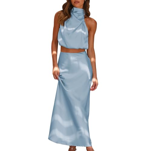 Odizli Zweiteiler Damen Elegant Satin Seide Ärmellos Neckholder Oberteil + High Waist Maxirock Outfit Festlich Hochzeit Hochzeitsgäste Lang Ballkleid Abendkleid Abschlusskleid Partykleid Blau S von Odizli