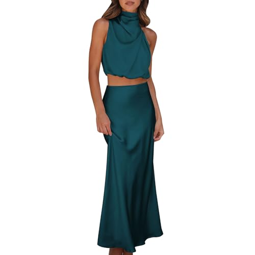 Odizli Zweiteiler Damen Elegant Satin Seide Ärmellos Neckholder Oberteil + High Waist Maxirock Outfit Festlich Hochzeit Hochzeitsgäste Lang Ballkleid Abendkleid Abschlusskleid Partykleid Blau See L von Odizli