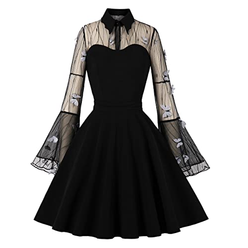 Partykleid Damen Elegant Langarm Spitzenkleid 50er Jahre Retro Rockabilly A Linie Swing Sexy Mini Coctailkleid Festliches Abschlusskleid Faltenkleid Kurz Abendkleid Schwarzes Gothic Kleid Grau-10 4XL von Odizli