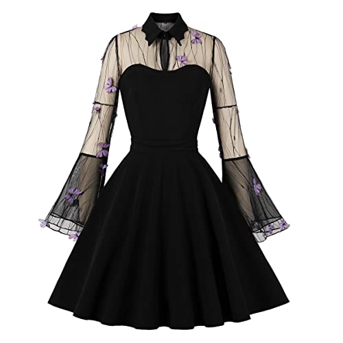 Partykleid Damen Elegant Langarm Spitzenkleid 50er Jahre Retro Rockabilly A Linie Swing Sexy Mini Coctailkleid Festliches Abschlusskleid Faltenkleid Kurz Abendkleid Schwarzes Gothic Kleid Lila-15 3XL von Odizli