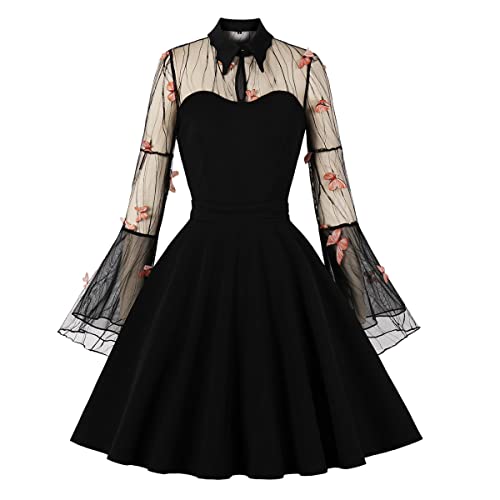 Partykleid Damen Elegant Langarm Spitzenkleid 50er Jahre Retro Rockabilly A Linie Swing Sexy Mini Coctailkleid Festliches Abschlusskleid Kurz Abendkleid Schwarzes Gothic Kleid Orange Rot-9 3XL von Odizli