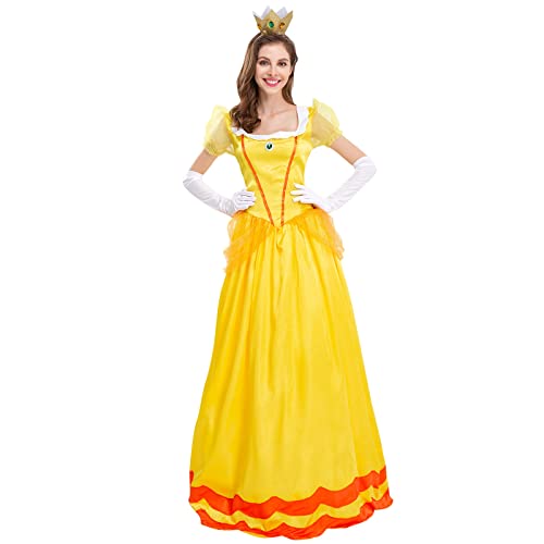 Peach Kostüm Damen Prinzessin Party Erwachsene Frauen Kostüm Puffärmel Lang Abendkleid + Handschuhe + Krone 3tlg Fee Outfit Halloween Weihnachten Karneval Cosplay Faschingskostüme Gelb M von Odizli