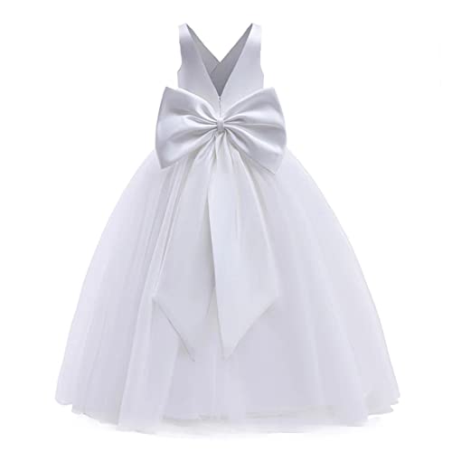 Prinzessin Kleid Mädchen Blumenmädchenkleider Satin Ärmellos V-Ausschnitt Tüllkleid Festliche Hochzeit Erstkommunion Kommunionkleider Geburtstag Taufkleider Lang Abendkleid Ballkleid Weiß 7-8 Jahre von Odizli
