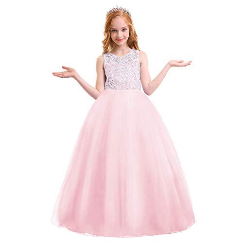 Prinzessin Kleid Mädchen Kinder Ärmellos Spitze A-Linie Tüllkleid Blumenmädchenkleid Festliche Hochzeit Erstkommunion Brautjungfer Geburtstag Party Abendkleid Sommer Lang Ballkleid Rosa 10-11 Jahre von Odizli