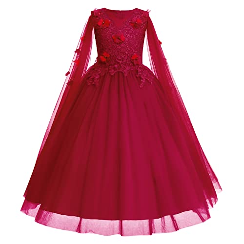 Prinzessin Kleid Mädchen Spitze Stickerei Ärmellos Mantel Tüllkleid Blumenmädchenkleider Kinder Kommunionkleid Festliches Erstkommunion Abendkleid Hochzeit Geburtstag Ballkleid Weinrot 11-12 Jahre von Odizli