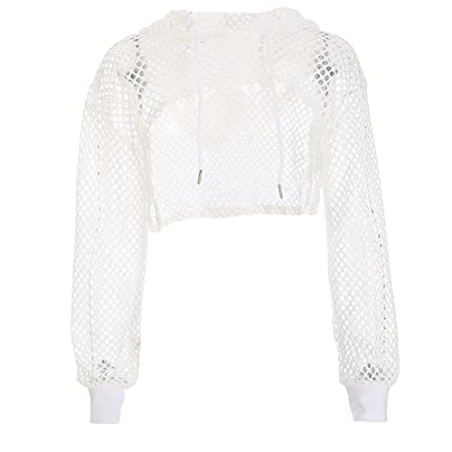 Rave Outfit Damen Langarm Netzoberteil Bauchfreies Mesh Netz Oberteil Frauen Crop Top Teenager Mädchen Sweatshirt mit Kapuze Techno Neon Party Streetwear Hip Hop Kleidung Clubwear Weiß L von Odizli