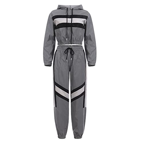 Reflektoren Kleidung Damen Reflektierende Jacke Sport Hose Shorts Zweiteiler Trainingsanzug 80er Jahre Jogginganzug Set Festival Rave Outfit Streetwear Halloween Karneval Faschingskostüme Silver-1 M von Odizli