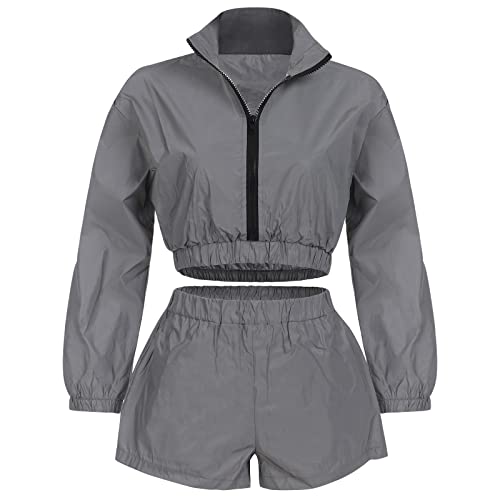 Reflektoren Kleidung Damen Reflektierende Jacke Sport Hose Shorts Zweiteiler Trainingsanzug 80er Jahre Jogginganzug Set Festival Rave Outfit Streetwear Halloween Karneval Faschingskostüme Silver-4 XL von Odizli