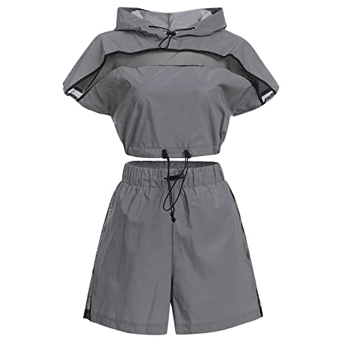 Reflektoren Kleidung Damen Reflektierende Jacke Sport Hose Shorts Zweiteiler Trainingsanzug 80er Jahre Jogginganzug Set Festival Rave Outfit Streetwear Halloween Karneval Faschingskostüme Silver-5 M von Odizli