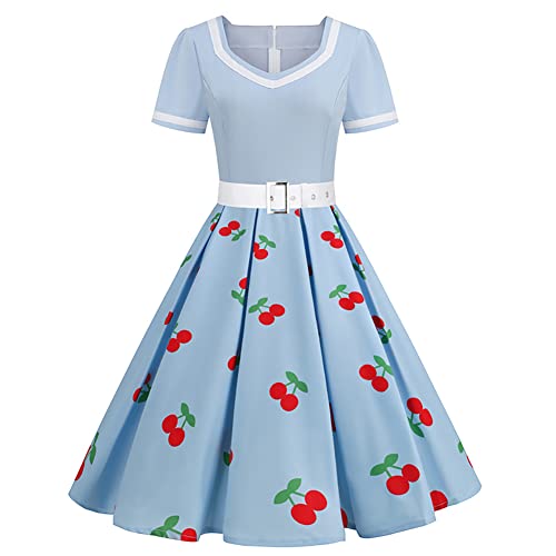 Rockabilly Kleider Damen 50er Jahre Petticoat Kleid Vintage Audrey Hepburn Kurzarm V-Ausschnitt Polka Dot Swing Coctailkleid Hochzeit Gast Festlich Knielang Sommerkleid Abendkleid Blau Kirsche XL von Odizli