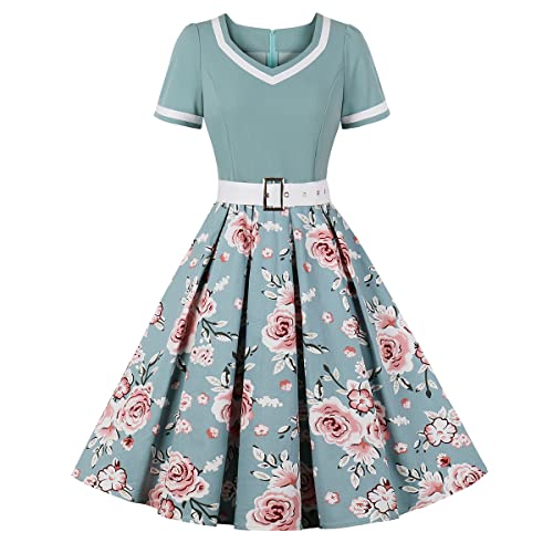 Rockabilly Kleider Damen 50er Jahre Petticoat Kleid Vintage Audrey Hepburn Kurzarm V-Ausschnitt Polka Dot Swing Coctailkleid Hochzeit Gast Festlich Knielang Sommerkleid Abendkleid Grün Blume 4XL von Odizli