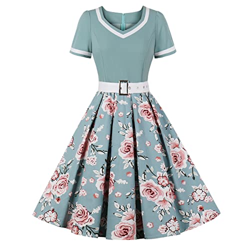 Rockabilly Kleider Damen 50er Jahre Petticoat Kleid Vintage Audrey Hepburn Kurzarm V-Ausschnitt Polka Dot Swing Coctailkleid Hochzeit Gast Festlich Knielang Sommerkleid Abendkleid Grün Blume XXL von Odizli
