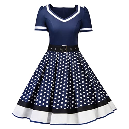 Rockabilly Kleider Damen 50er Jahre Petticoat Kleid Vintage Audrey Hepburn Kurzarm V-Ausschnitt Polka Dot Swing Coctailkleid Hochzeit Gast Festlich Knielang Sommerkleid Abendkleid Navy Blau 3XL von Odizli