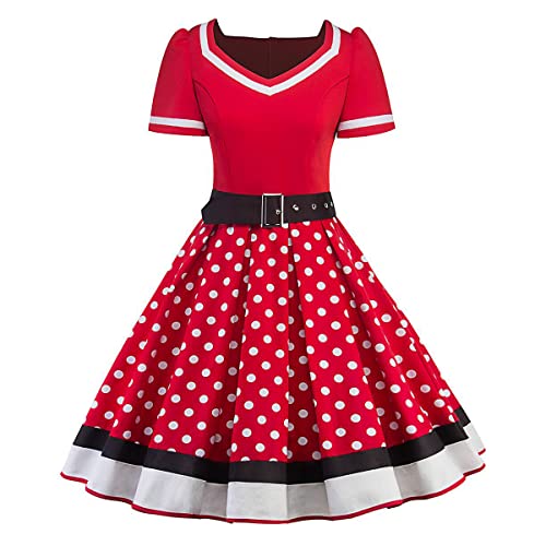 Rockabilly Kleider Damen 50er Jahre Petticoat Kleid Vintage Audrey Hepburn Kurzarm V-Ausschnitt Polka Dot Swing Coctailkleid Hochzeit Gast Festlich Knielang Sommerkleid Abendkleid Rot 3XL von Odizli