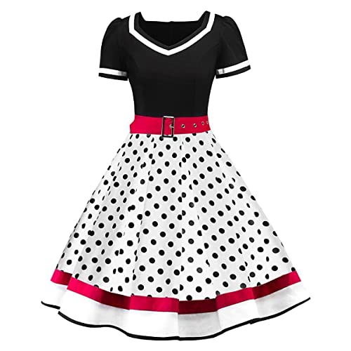 Rockabilly Kleider Damen 50er Jahre Petticoat Kleid Vintage Audrey Hepburn Kurzarm V-Ausschnitt Polka Dot Swing Coctailkleid Hochzeit Gast Festlich Knielang Sommerkleid Abendkleid Schwarz + Wei� M von Odizli